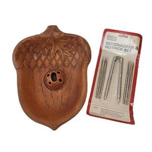 VINTAGE Mid Century Acorn Shaped Nut Bowl with Nutcracker Set USA